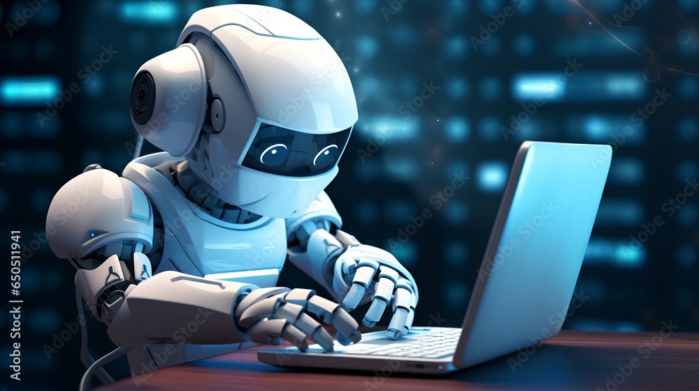 A futuristic robot mascot, designed with sleek metallic features, is diligently typing text on a modern computer. - obrazy, fototapety, plakaty 