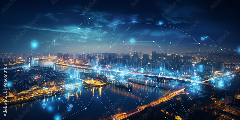 Smart city with wireless network connection and cityscape with big data connection technology Generative AI 