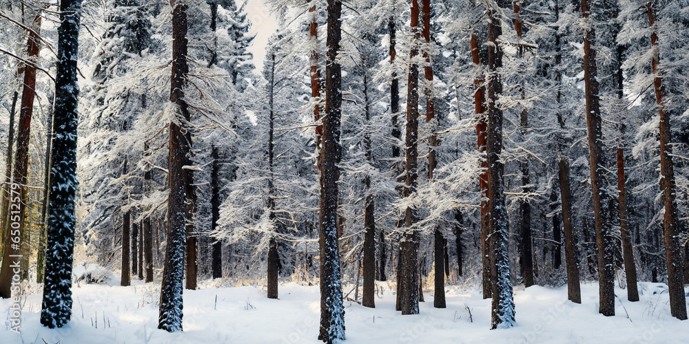 Fototapeta premium Full pine forest with snow background