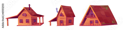 Wooden cabin clipart, summer forest house vector set. Wood mountain shack icon isolated on white background. Timber cottage building on piles with door, lodge, window and roof illustration kit.