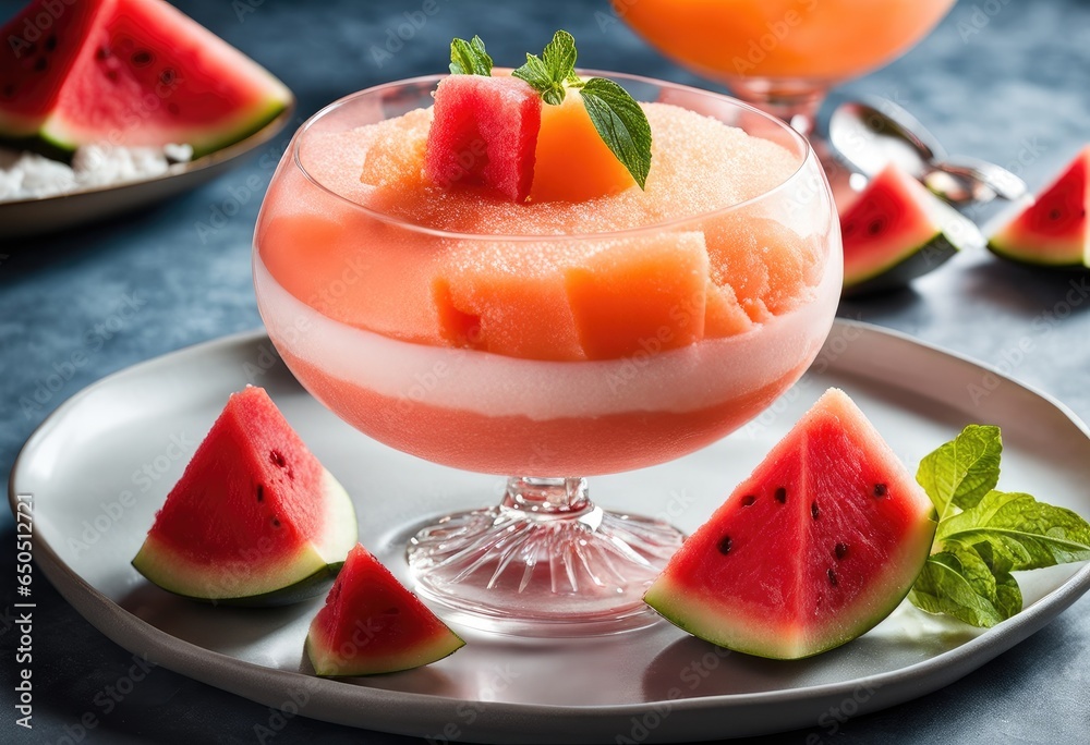 light fruit sorbet with layers of pureed watermelon, pureed cantaloupe