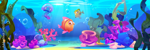 Seabed with marine habitats and algae - cartoon underwater landscape with fishes and jellyfish, seaweeds and corals on ocean or aquarium bottom. Sea world animals and plants - aquatic creatures.