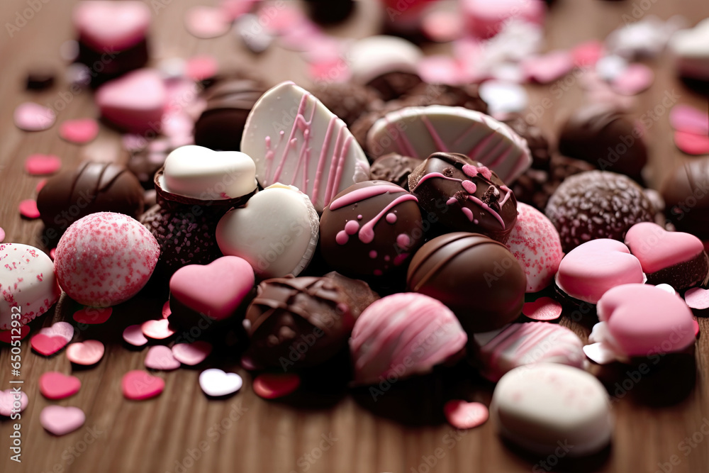 Chocolates Scattered on a table, Generative AI Chocolates Scattered on a table, Generative AI