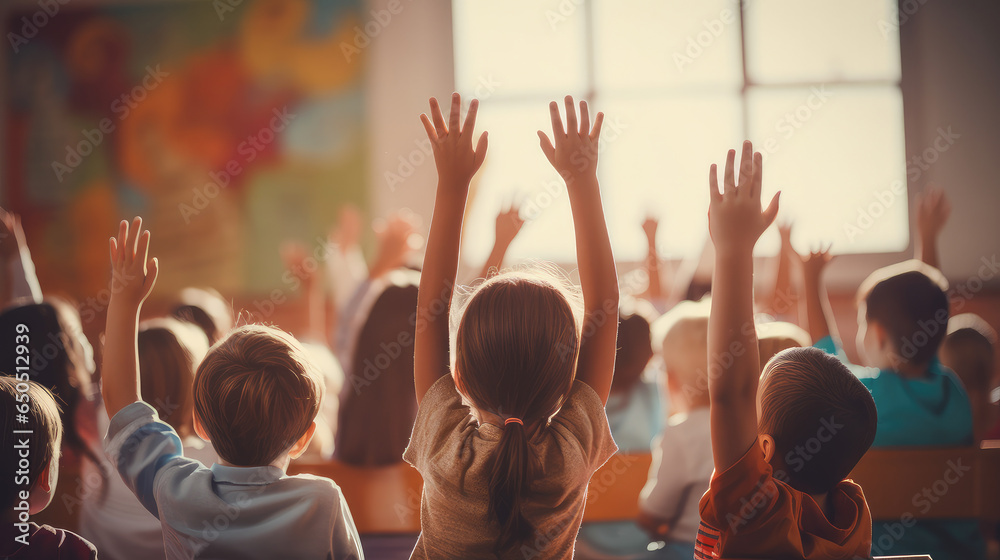 education, elementary school, learning and people concept - group of school kids with teacher sitting in classroom and raising hands. - obrazy, fototapety, plakaty 