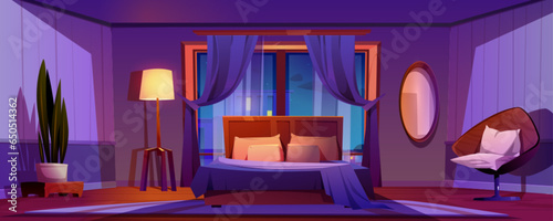 Hotel bedroom interior at night. Vector cartoon illustration of tidy room with twin bed and armchair, flower pot, floor lamp, mirror in frame on wall, evening cityscape, starry sky view in window © klyaksun