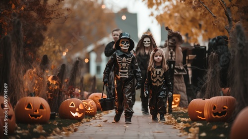 Trick or treat Show kids going door to door interacting with other kids and friendly neighbors wear scary halloween ai generated