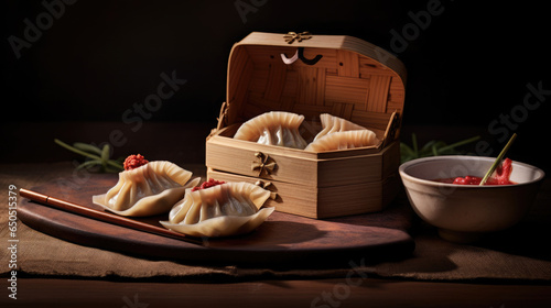 Bamboo container with chines dumplings Generative AI
