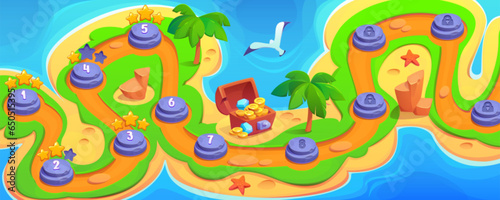 Tropical island map for game level interface. Vector cartoon illustration of sandy beach with road between palm trees, stones, treasure chest with golden coins and gemstones, adventure gui background