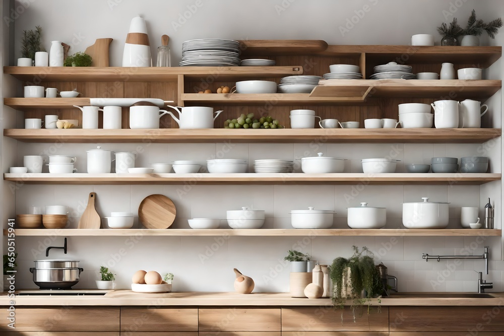 a Scandinavian kitchen with floating shelves for displaying dishes and decor