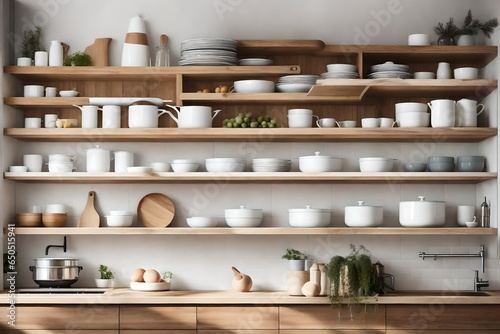 a Scandinavian kitchen with floating shelves for displaying dishes and decor