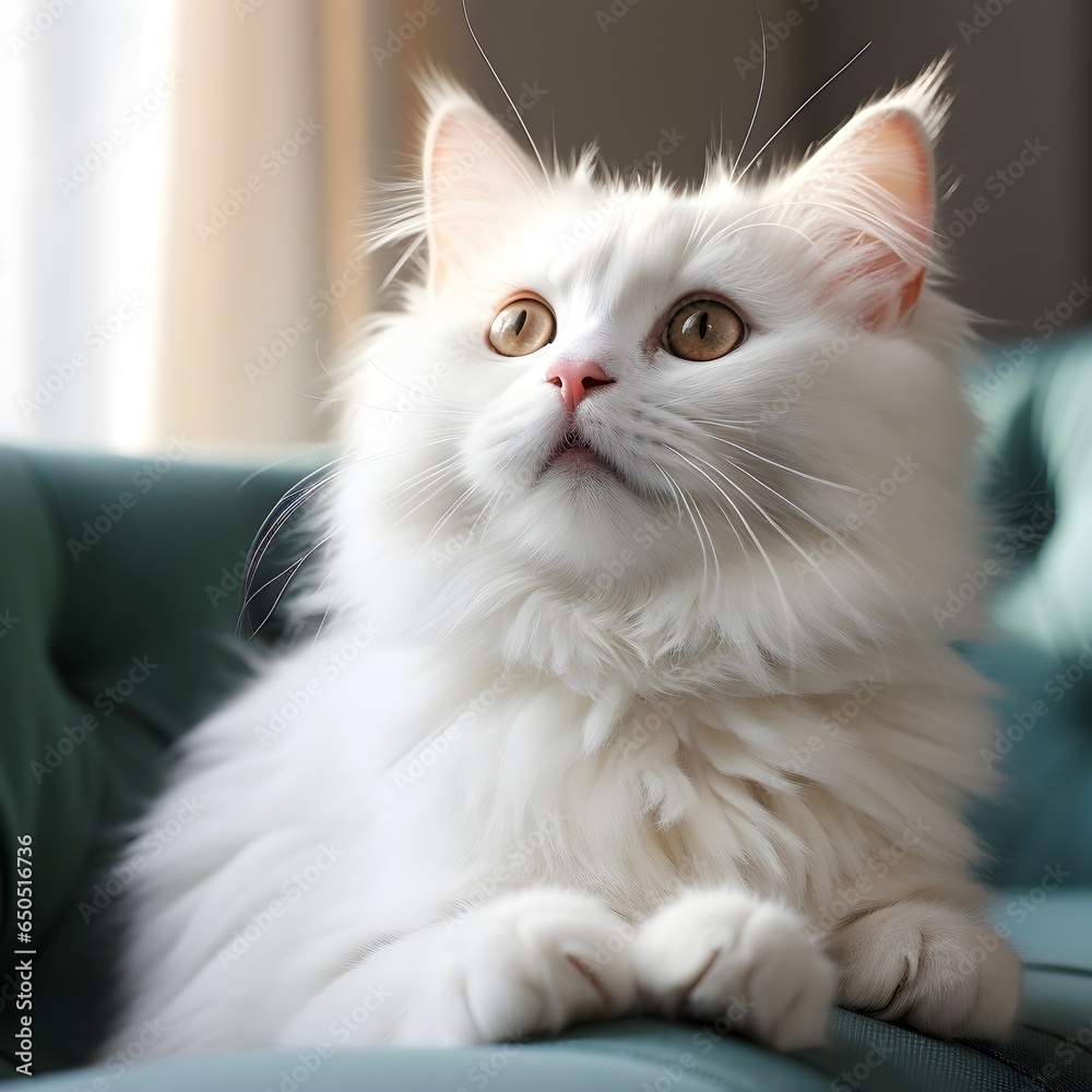A beautiful pure white fluffy cat, with an elegant and striking appearance, captures hearts with its soft fur and charming demeanor.