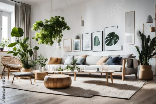 a Scandinavian living room with a focus on eco-friendly and sustainable decor items