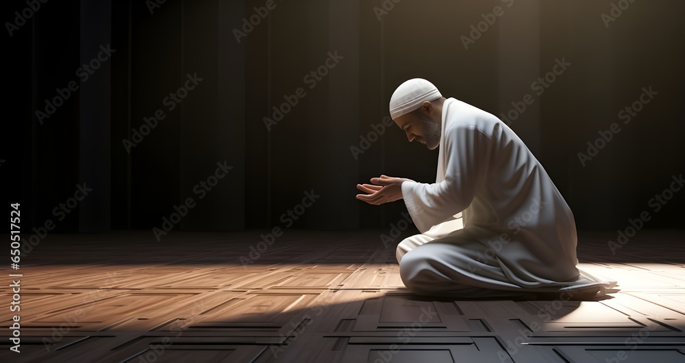 Fototapeta premium person sitting on the floor and thinking Islamic Acts of Worship Serene Devotion Muslim Reverence Spiritual Connection with God
