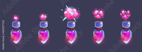 Magic pink love elixir in bottle with heart shaped smoke. Cartoon game animation stages of glowing and sparkling steam. Explosion with puffing cloud from chemical reaction of potion in glass tube.