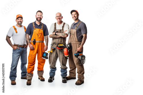 Portrait of age diversity male engineers and mechanics in work clothes on a white background
