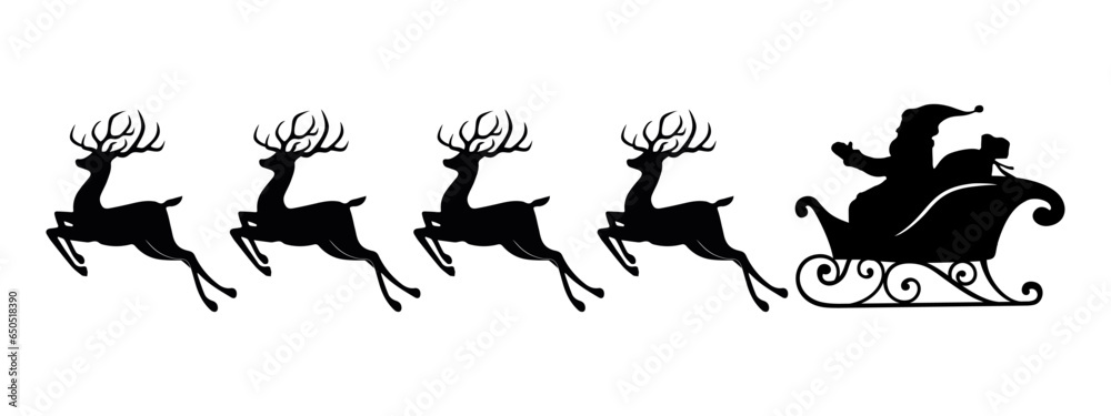silhouette of a santa claus with deers and sledge illustration vector