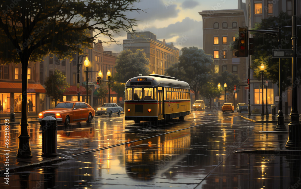 Tram in the rainy city