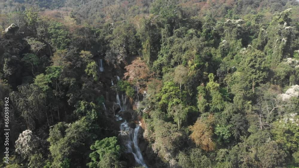 Aerial view Tat Kuang Si Waterfall in Luang Prabang Laos during sunrise Aerial view Tat Kuang Si Waterfall in Luang Prabang Laos during sunrise