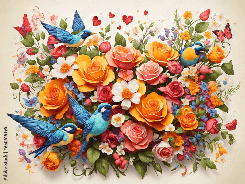 Bouquet of colorful flowers and birds. Floral background. AI-Generated