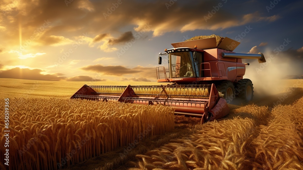 Obraz premium a red combine truck driving through a wheat field at sunset. generative ai