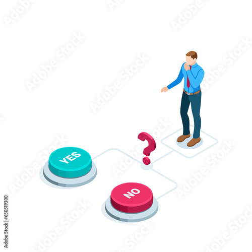 isometric business man in a thoughtful pose in front of two buttons, in color on a white background, make a choice yes or no