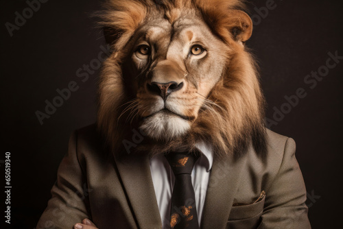Portrait of a lion in a suit and tie on a dark background