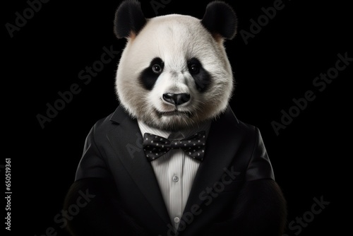 Portrait of a panda in a tuxedo on a black background © LAYHONG