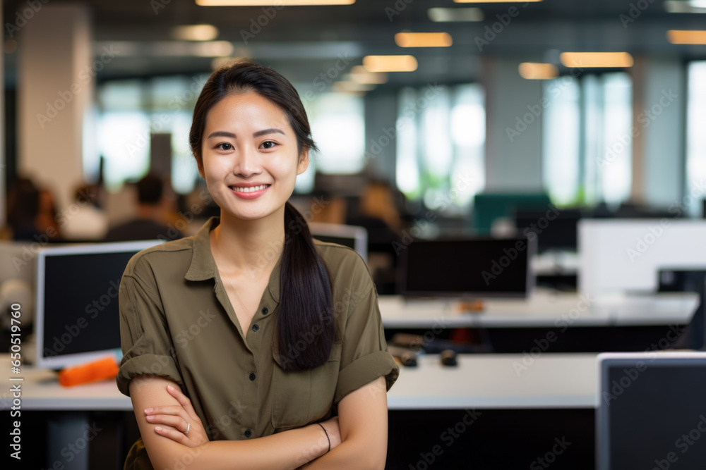 Software developer, IT, smiling at the camera at her work station, desk, in a big open space Software developer, IT, smiling at the camera at her work station, desk, in a big open space