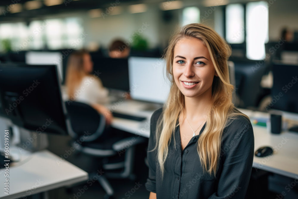 Software developer, IT, smiling at the camera at her work station, desk, in a big open space Software developer, IT, smiling at the camera at her work station, desk, in a big open space