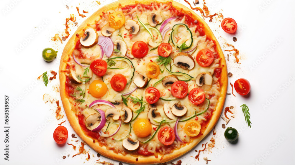Top view Delicious pizza with vegetable and cheese topping on white background created with Generative AI Technology