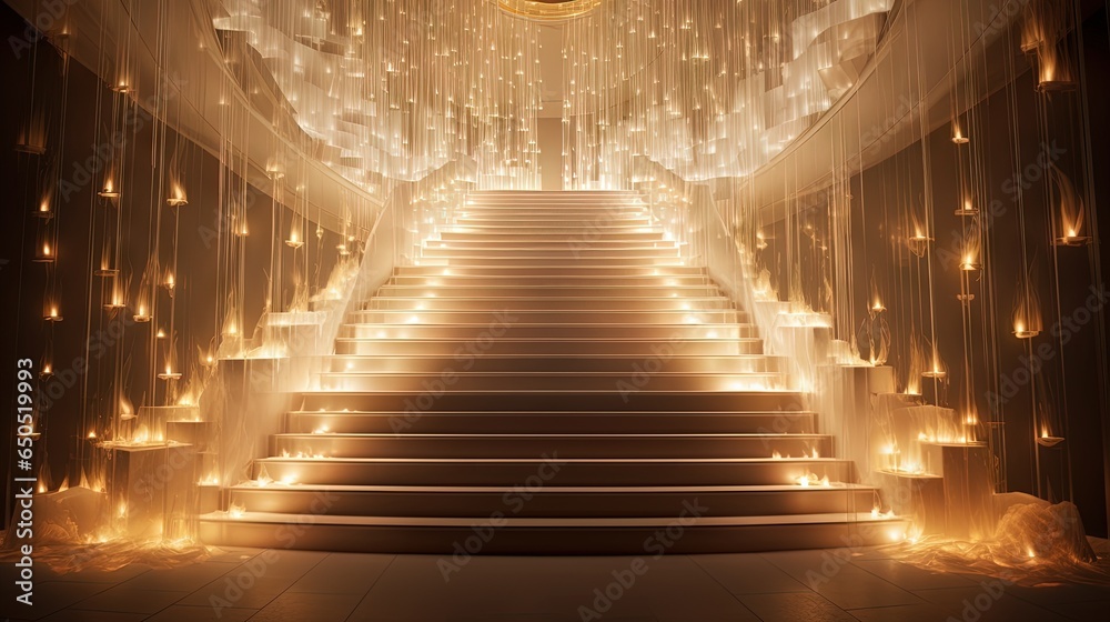  a set of stairs with lights on them and a chandelier hanging from the ceiling.  generative ai - obrazy, fototapety, plakaty 