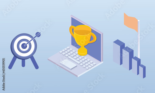 Success set. Characters setting goals, objectives, successfully accomplish achievement and receiving rewards. Business concept.on blue background.3D design.isometric vector design Illustration.