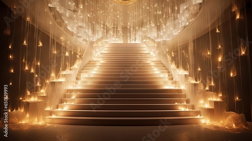  a set of stairs with lights on them and a chandelier hanging from the ceiling. generative ai