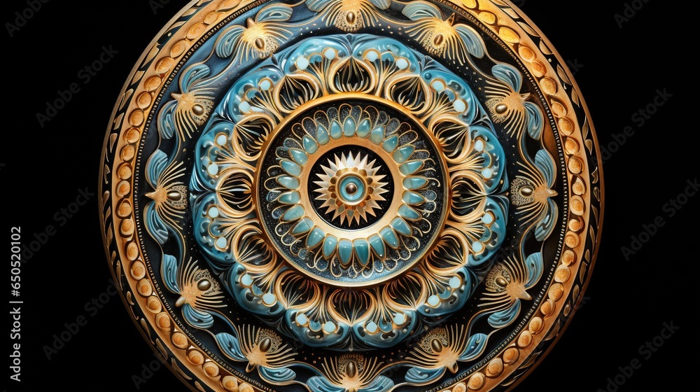 Fototapeta premium a blue and gold circular object with a black background and a black background. generative ai