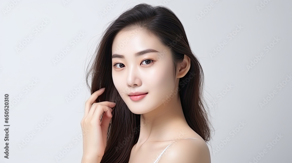 Beautiful portrait of young Asian female model with fresh clean face and healthy skin care on white background Beautiful portrait of young Asian female model with fresh clean face and healthy skin care on white background