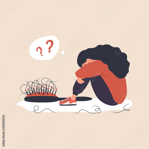 Alopecia concept. Sad woman loses her hair. Baldness disease and problems of the scalp. Unhappy female character with hair brush. Vector illustration in flat cartoon style.