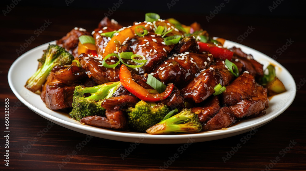 Delicious Asian Sweet Beef Slices and Vegetables on a white plate Delicious Asian Sweet Beef Slices and Vegetables on a white plate