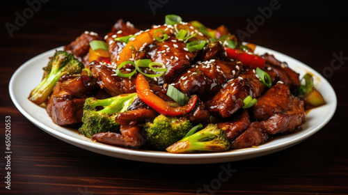 Delicious Asian Sweet Beef Slices and Vegetables on a plate made with Generative AI Technology