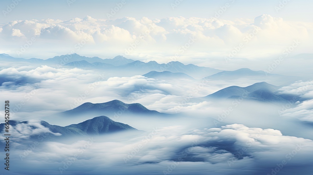  a view of a mountain range with clouds in the foreground.  generative ai