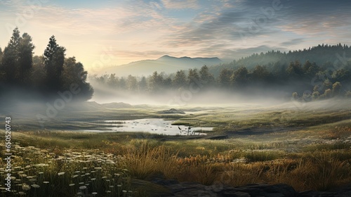  a painting of a foggy landscape with a lake and trees. generative ai