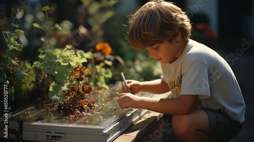 young boy learning to grow his food in an urban garden, in order to be a more ecological community © rodrigo
