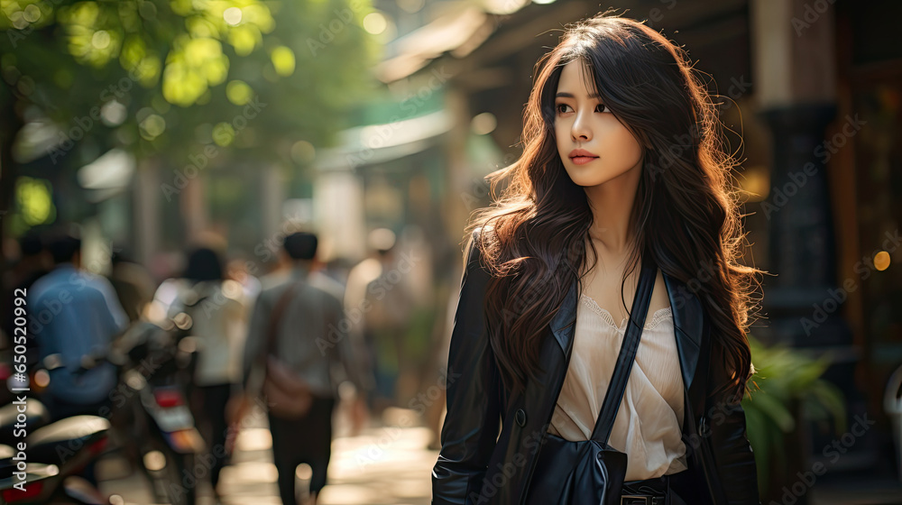 Beautiful young Asian Chinese woman with long flowing black hair carrying a bag while walking on the street on a warm and sunny spring day created with Generative AI Technology  - obrazy, fototapety, plakaty 