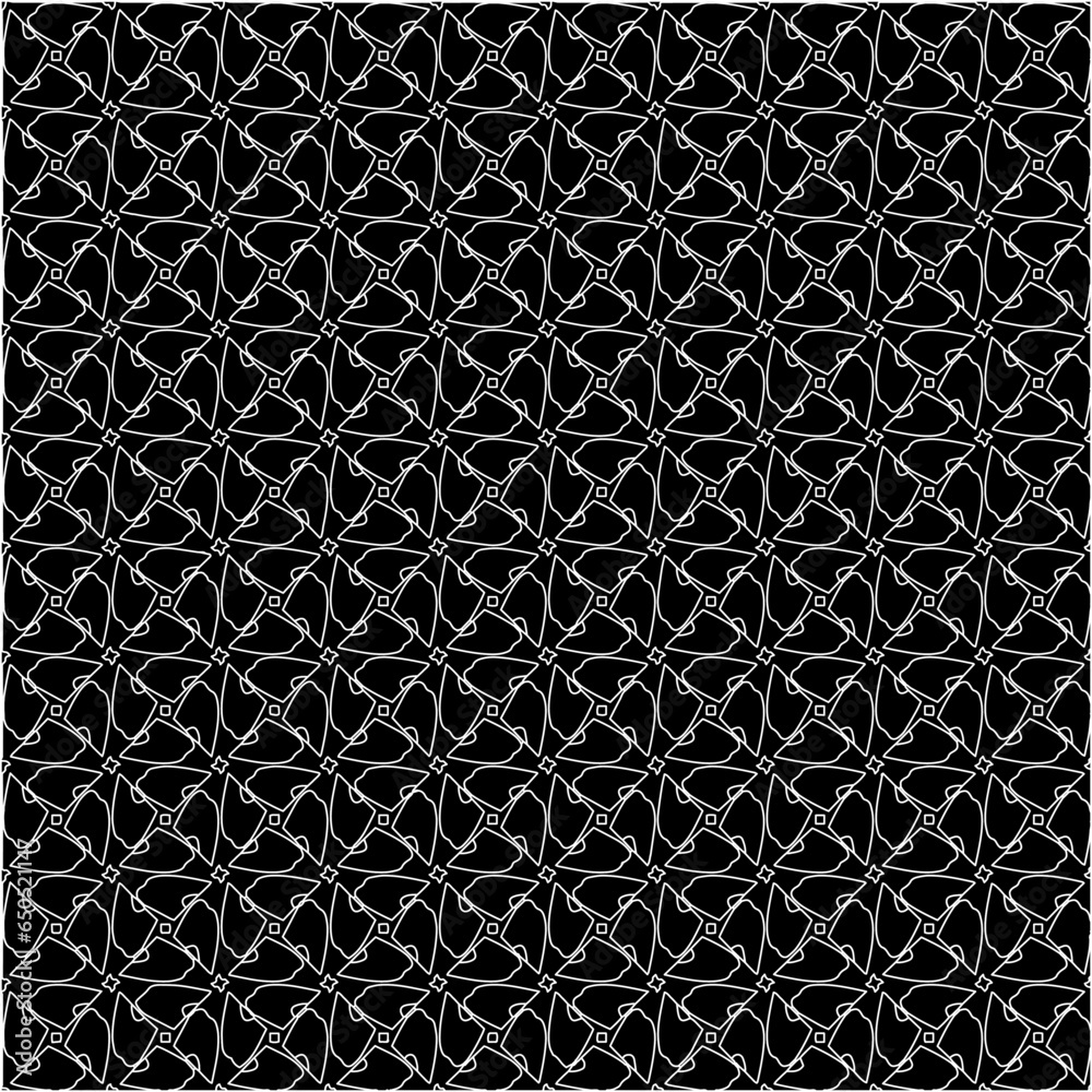 Black background with figures from white lines. Black and white pattern for web page, textures, card, poster, fabric, textile. Monochrome pattern. Repeating design. Black background with figures from white lines. Black and white pattern for web page, textures, card, poster, fabric, textile. Monochrome pattern. Repeating design.