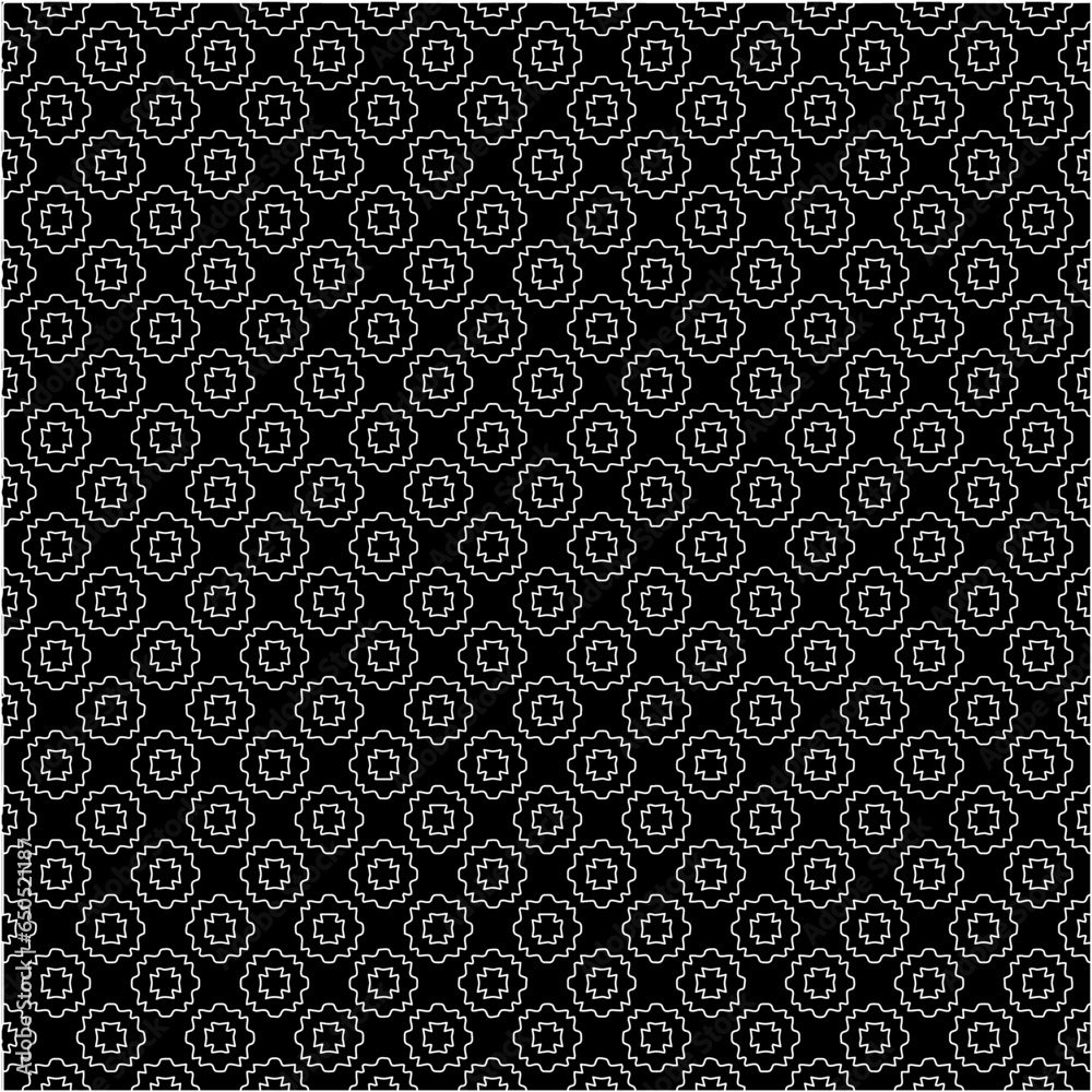 Black background with figures from white lines. Black and white pattern for web page, textures, card, poster, fabric, textile. Monochrome pattern. Repeating design. Black background with figures from white lines. Black and white pattern for web page, textures, card, poster, fabric, textile. Monochrome pattern. Repeating design.