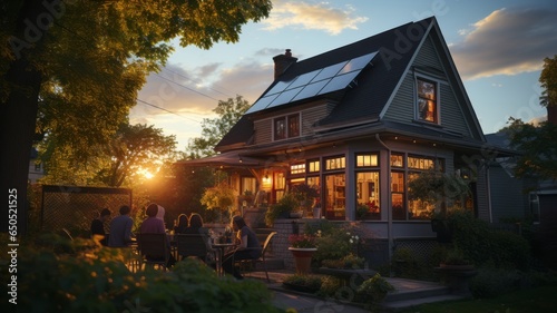 traditional house with solar panels to care for the environment meeting with friends in the patio, clean energy