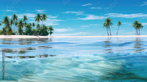 Serene beach views with tropical oasis palm trees and clear underwater sea views on paradise island created with Generative AI Technology
