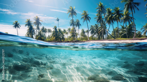 Serene beach views with tropical oasis palm trees and clear underwater sea views on paradise island created with Generative AI Technology © AstraNova