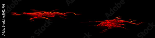 Set of cracks with lava isolated on black background. Vector realistic illustration of red hot substance under broken land, molten magma during volcano eruption, natural disaster, hell design elements