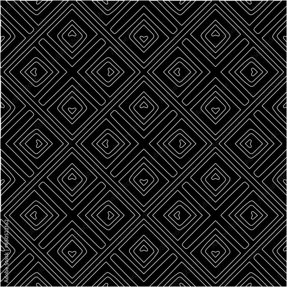 Black background with figures from white lines. Black and white pattern for web page, textures, card, poster, fabric, textile. Monochrome pattern. Repeating design. Black background with figures from white lines. Black and white pattern for web page, textures, card, poster, fabric, textile. Monochrome pattern. Repeating design.