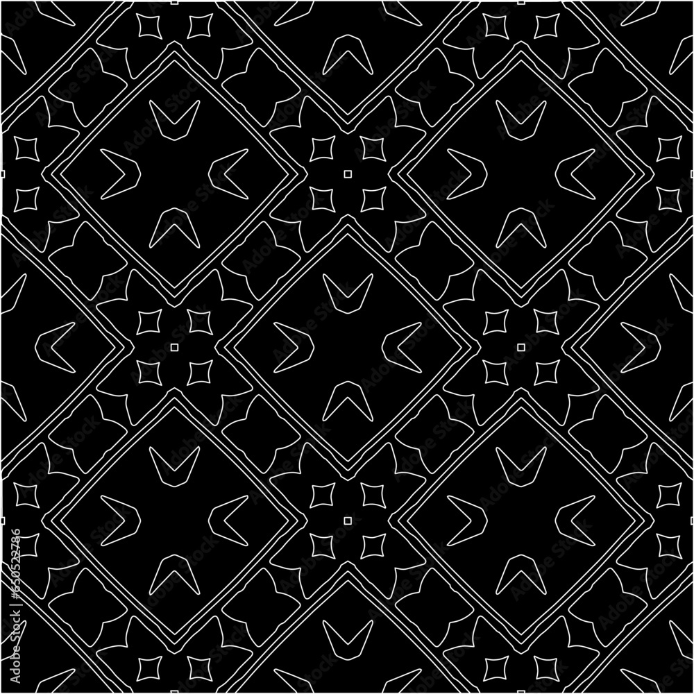 Black background with figures from white lines. Black and white pattern for web page, textures, card, poster, fabric, textile. Monochrome pattern. Repeating design. Black background with figures from white lines. Black and white pattern for web page, textures, card, poster, fabric, textile. Monochrome pattern. Repeating design.
